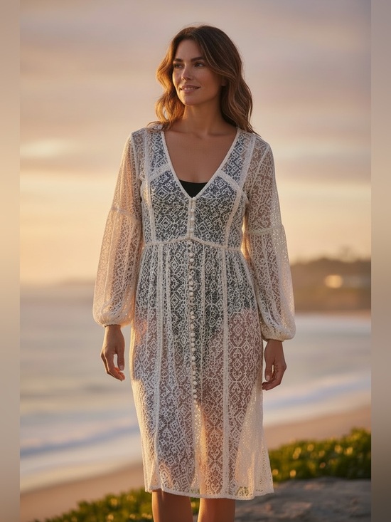 Maeve Dresses & Skirts - ANTHROPOLOGIE MAEVE San-Michel Lace Duster Dress Coverup Ivory White L